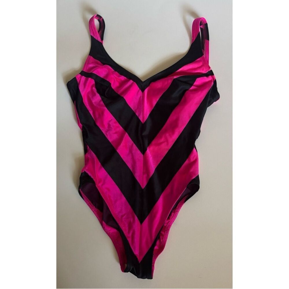 VTG 80s  DeWeese Chevron Swimsuit One Piece Bodysuit Striped Size S ~34 Cup Size